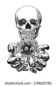 Graphical sketch of dead man holding coronavirus molecule isolated on white, vector illustration, covid-19