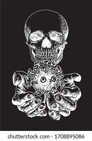 Graphical sketch of dead man holding coronavirus molecule isolated on black, vector illustration, covid-19