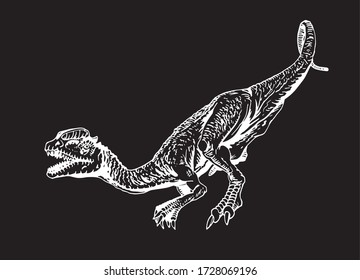 Graphical sketch of  dilophosaurus isolated on black background, vector engraved illustration for , design and printing