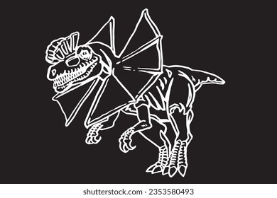 Graphical sketch of  dilophosaurus isolated on black background, vector illustration 