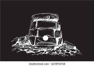 Graphical sketch of dolmen isolated on black background,vector illustration,Krasnodar,Russia