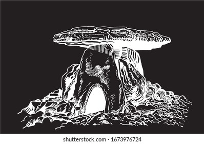 Graphical sketch of dolmen isolated on black background,vector illustration,Krasnodar,Russia