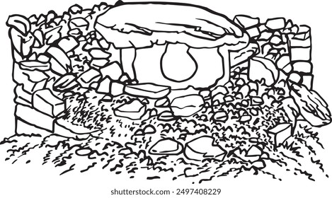 Graphical sketch of  dolmen on white background,vector 
 lined illustration for coloring book