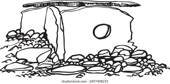 Graphical sketch of  dolmen on white background,vector 
 lined illustration for coloring book