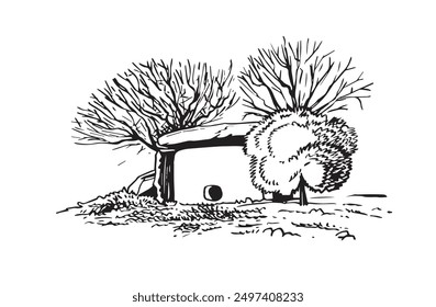 Graphical sketch of  dolmen on white background,vector 
 lined illustration for coloring book