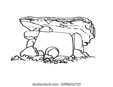 Graphical sketch of dolmen on white background,vector lined illustration for coloring book	
