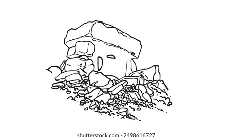 Graphical sketch of dolmen on white background,vector lined illustration for coloring book	