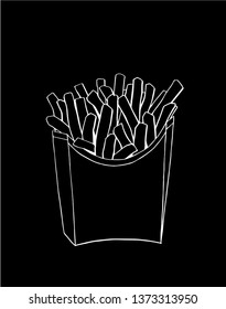 Graphical sketch of french fries isolated on black background, vector illustration for printing and coloring, fast food