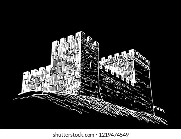 Graphical sketch of Genoese fortress
isolated on black background,vector sightseeing,Crimea