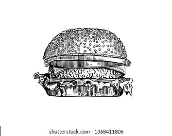 Graphical  sketch of hamburger isolated on white background, vector illustration for printing and coloring, fast food