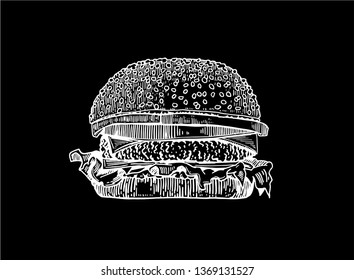 Graphical sketch of hamburger isolated on black background, vector illustration for printing and coloring, fast food