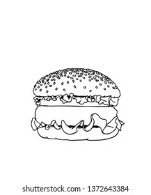 Graphical sketch of hamburger isolated on white background, vector illustration for printing and coloring, fast food