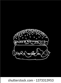 Graphical sketch of hamburger isolated on black background, vector illustration for printing, fast food
