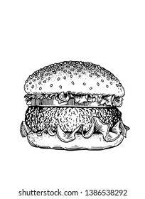 Graphical sketch of hamburger isolated on white, vector illustration ,fast-food
