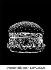 Graphical sketch of hamburger isolated on black, vector illustration ,fast-food