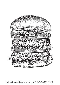 Graphical sketch of hamburger isolated on white background,vector illustration for printing,fast food