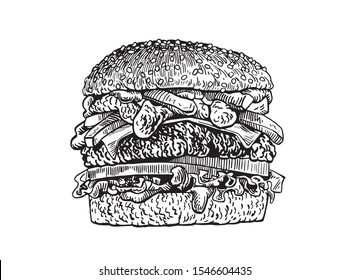 Graphical sketch of hamburger isolated on white background,vector illustration for printing,fast food
