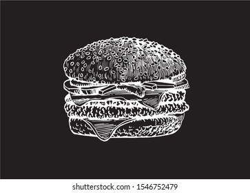 Graphical sketch of hamburger isolated on black background,vector illustration for printing,fast food