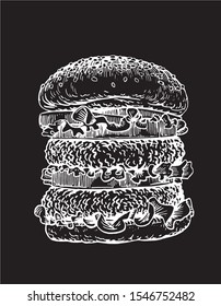 Graphical sketch of hamburger isolated on black background,vector illustration for printing,fast food