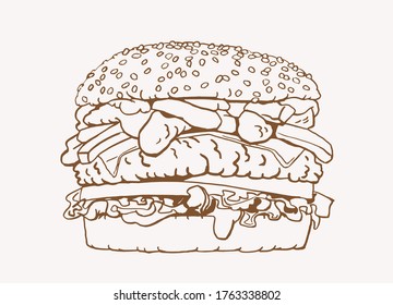 Graphical sketch of  hamburger, sepia background,vector vintage illustration