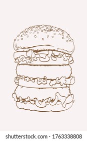 Graphical sketch of  hamburger, sepia background,vector vintage illustration
