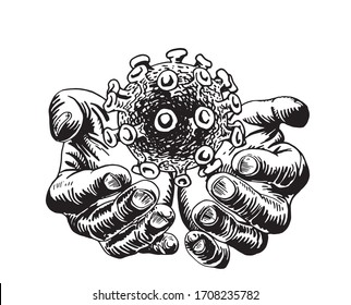 Graphical sketch of hands holding coronavirus molecule isolated on white, vector illustration, covid-19