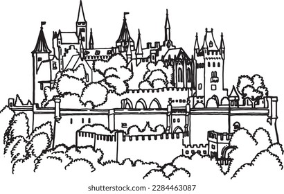 Graphical sketch of Hohenzollern castle isolated on white,vector illustration, architecture of Germany