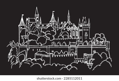 Graphical sketch of Hohenzollern castle isolated on black,vector engraved illustration, architecture of Germany