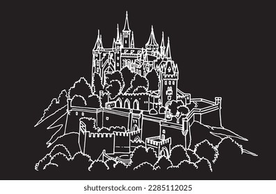 Graphical sketch of Hohenzollern castle isolated on black,vector engraved illustration, architecture of Germany