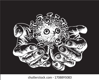 Dibujo gráfico de armas humanas que contienen molécula de coronavirus aislada en negro, ilustración vectorial, covid-19