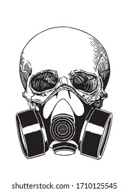 Graphical sketch of human skull in gas mask isolated on white background,vector illustration