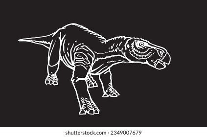 Graphical sketch of iguanodon on black,vector illustration for coloring and design.