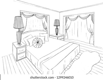 Graphical sketch of an interior apartment, bedroom