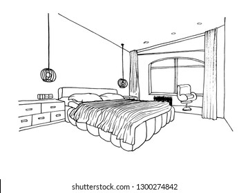 Graphical sketch of an interior bedroom, liner