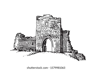 Graphical sketch of Kremenets Castle isolated on white background, vector illustration, Ternopil oblast,Ukraine