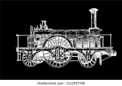 Graphical sketch of locomotive isolated on black background,vector illustration