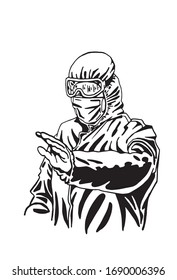 Graphical sketch of man in protective mask and suit isolated on white background. vector illustration.