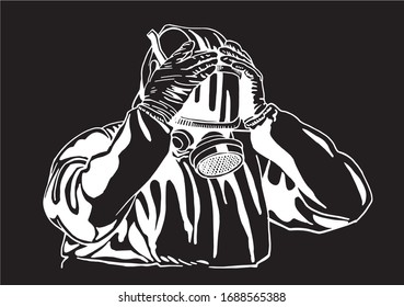 Dibujo gráfico de hombre con traje protector aislado en fondo negro, ilustración vectorial, pandemia