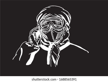 Grafische Skizze von Menschen in Schutzanzug einzeln auf schwarzem Hintergrund, Vektorillustration, Pandemie