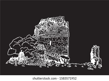 Graphical sketch of Matrera castle isolated on black background,vector illustration, Spain