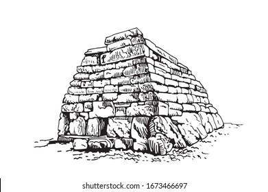 Dibujo gráfico de megalith aislado en fondo blanco, ilustración vectorial de taula, turismo,España