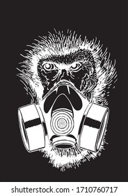 Graphical sketch of monkey in gas mask isolated on black background, vector illustration , typography and tattoo design