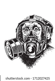 Graphical sketch of monkey in gas mask isolated on white, vector illustration for coloring, typography and tattoo