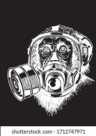 Graphical sketch of monkey in gas mask isolated on black background, vector engraved illustration . Covid-19