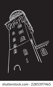 Graphical sketch of Neuschwanstein Castle isolated on black, architecture of Germany. Illustration 