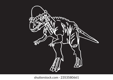 graphical sketch of  Pachycephalosaurus standing isolated on black,vector illustration,dinosaur