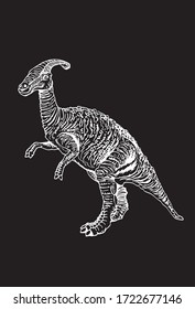 Graphical sketch of parasaurolophus isolated on black background , vector illustration, dinosaur