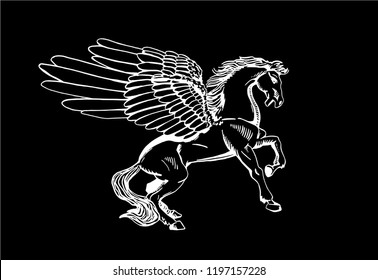 Graphical sketch of pegasus isolated on black background,vector illustration ,tattoo,horse