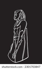 Graphical sketch of Pharaoh of ancient Egypt isolated on black background,vector illustration. Archeology , statue. Sightseeing