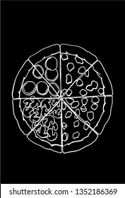 Graphical sketch of pizza isolated on black background, vector engraved illustration, food 